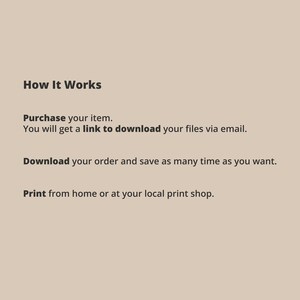 Puede incluir: Gr&aacute;fico beige con el texto "C&oacute;mo funciona" e instrucciones: Compra tu art&iacute;culo, descarga archivos por correo electr&oacute;nico, guarda tu pedido e imprime desde casa o en una tienda local.
