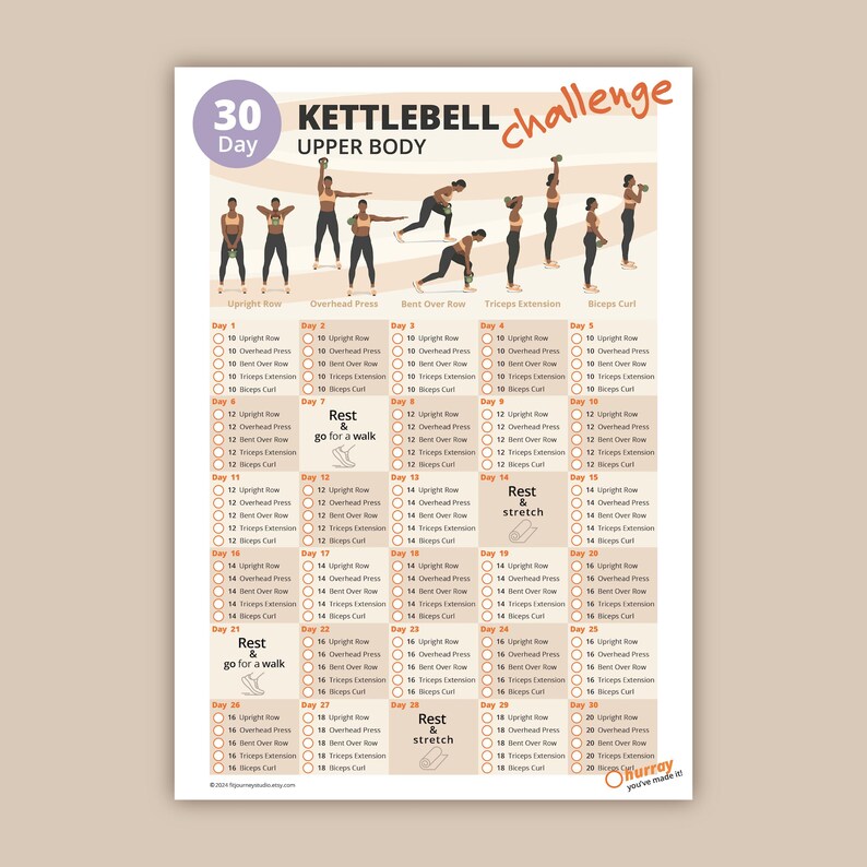 30 Day Kettlebell Upper Body Workout Challenge | Printable Home Fitness