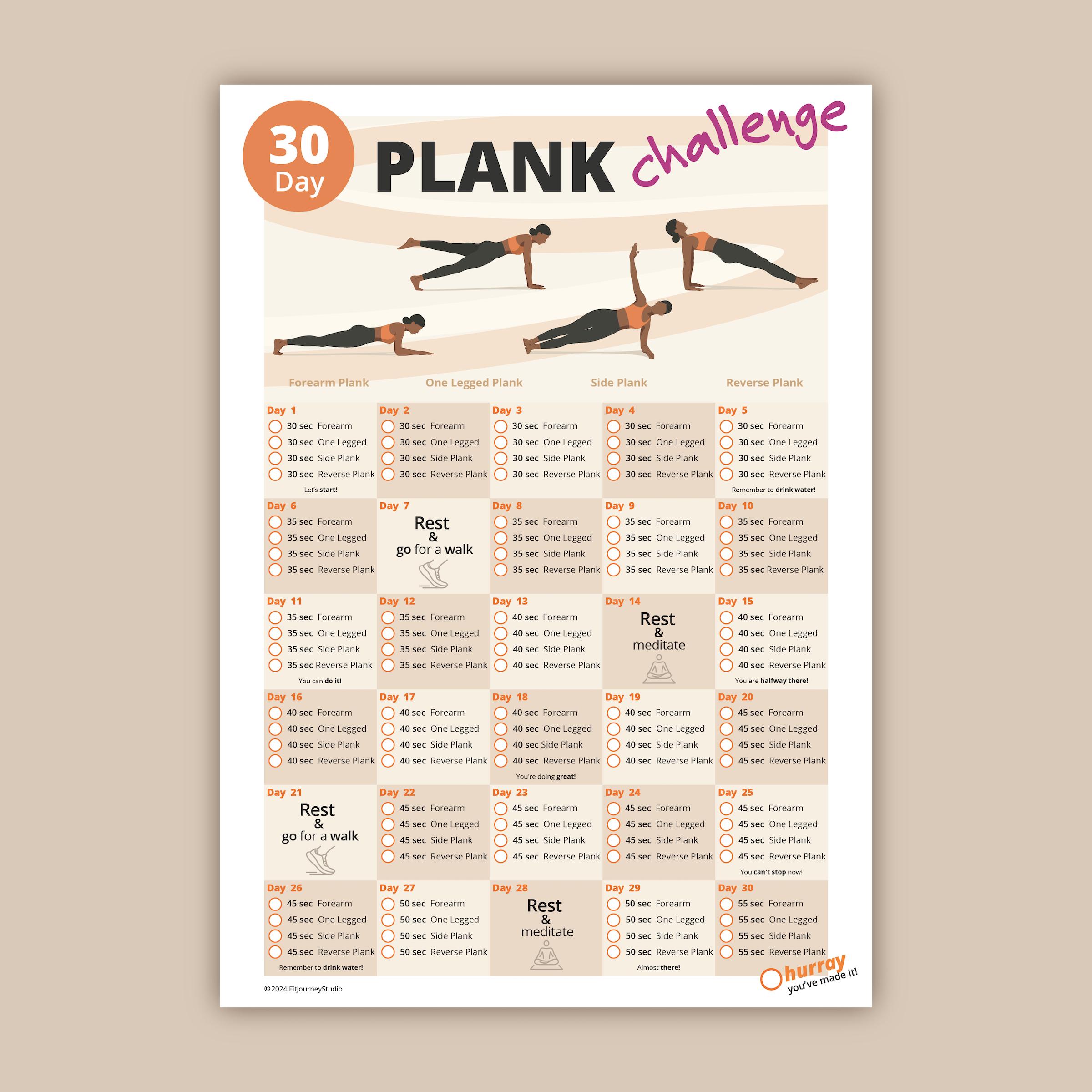 30 Day Plank Challenge Printable Fitness Core Workout Plan 30 Day Plank Challenge Printable Fitness Core Workout Plan