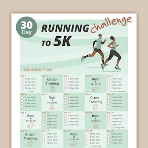 Può includere: Un piano di allenamento di 30 giorni per correre un 5K con uno sfondo verde e bianco. Il piano include attività quotidiane come camminare, correre, allenamento incrociato, riposo e stretching. L'immagine mostra due persone che corrono.