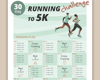 Puede incluir: Un plan de entrenamiento de 30 días para correr un 5K con un fondo verde y blanco. El plan incluye actividades diarias como caminar, correr, entrenamiento cruzado, descansar y estirar. La imagen muestra a dos personas corriendo.