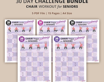 May include: A bundle of 5 PDF files, each with 15 pages, featuring a 30-day chair workout challenge for seniors. The pages are white with purple and pink accents, and include illustrations of exercises.