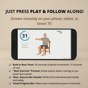 May include: A smartphone screen displays a fitness video featuring an animated person performing seated punches on a chair. The interface includes a timer, a 33% progress bar, and text reading JUST PRESS PLAY & FOLLOW ALONG! and FitJourneyStudio.