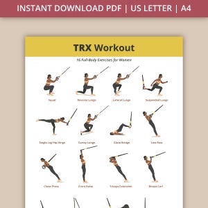 Könnte beinhalten: Ein druckbarer Trainingsleitfaden mit TRX-Übungen. Die gelbe Überschrift lautet "TRX Workout" mit dem Text "16 Full-Body Exercises for Women" darunter. Illustrierte Figuren demonstrieren Übungen wie Kniebeugen, Ausfallschritte und Rudern, mit Übungsnamen darunter.