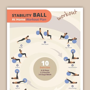May include: A stability ball workout plan with 10 exercises, including plank, wall squat, hip thrust, crunch, leg lift, leg extension, and glute bridge. The plan recommends 8-20 reps, 2-3 rounds, and 3-4 days per week.