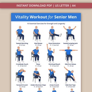 May include: A printable PDF titled "Vitality Workout for Senior Men" with 16 essential exercises for strength and longevity. The exercises are illustrated with stick figures and include Seated Marching, Heel Raises, Knee Extensions, and more. The document is available in US Letter and A4 sizes.
