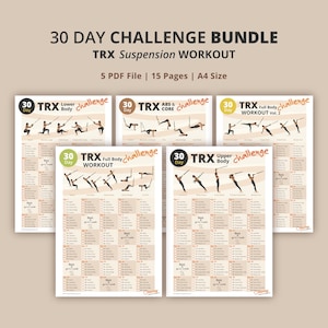 May include: A bundle of five PDF files for a 30-day TRX suspension workout program. Each file is A4 size and includes workout routines for lower body, core, full body, and upper body. The cover design features illustrations of exercises.