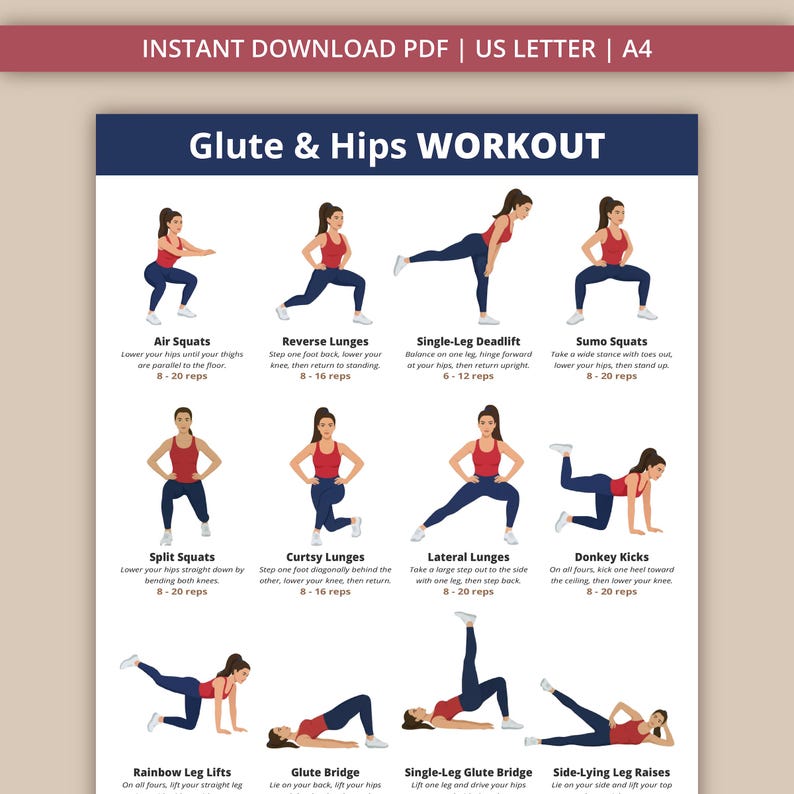 Glute and Hips Workout Poster | 12 Lower Body Exercises | Printable PDF ...