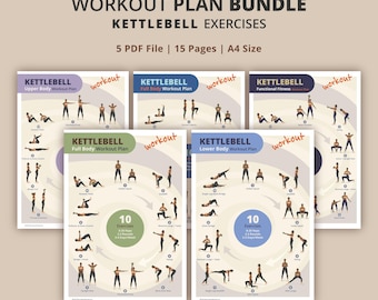 May include: A bundle of five workout plan PDFs featuring kettlebell exercises. Each plan is labeled with titles like "Upper Body," "Full Body," and "Lower Body." The plans include illustrations of exercises and the text "10 Exercises."
