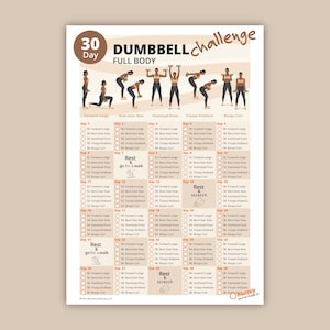 May include: A 30-day dumbbell challenge workout plan for full body strength training. The chart includes a list of exercises for each day, including forward lunges, bent-over rows, overhead press, triceps kickbacks, and bicep curls.