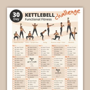 30 Day Functional Fitness Kettlebell Challenge | Strengthen Legs, Arms & Core | Home Workout Program |  A4 Printable PDF | Digital Download