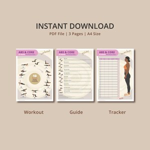 May include: A printable workout plan for abs and core exercises. The three pages include a workout routine, a guide with descriptions of each exercise, and a tracker to track progress. The pages are labeled "Workout", "Guide", and "Tracker".