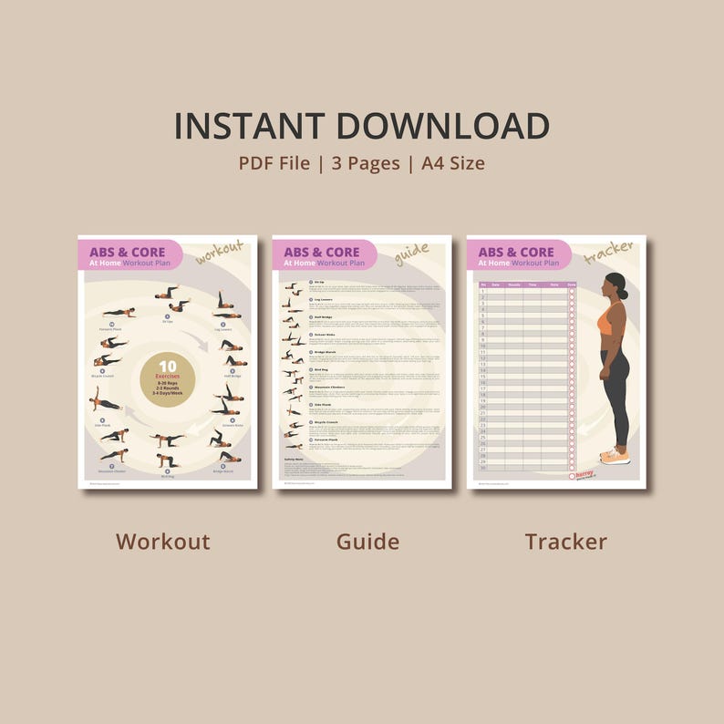 May include: A printable workout plan for abs and core exercises. The three pages include a workout routine, a guide with descriptions of each exercise, and a tracker to track progress. The pages are labeled "Workout", "Guide", and "Tracker".