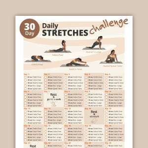 Könnte beinhalten: Eine 30-Tage-Tabelle für tägliche Dehnübungen. Die Tabelle enthält Illustrationen von Yoga-Posen wie Kobra, Läufer-Ausfallschritt und Kind-Pose. Jeder Tag listet spezifische Dehnübungen und -dauern auf, um Flexibilität zu fördern.