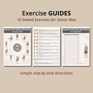 May include: Three printed exercise guides titled Exercise GUIDES 10 Seated Exercises for Senior Men. The pages feature illustrations of seated movements, detailed step-by-step instructions, and a tracking chart for recording workout progress.