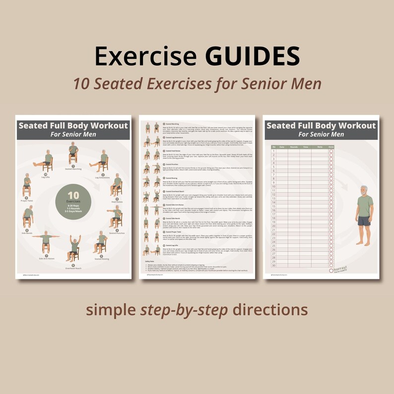 May include: Three printed exercise guides titled Exercise GUIDES 10 Seated Exercises for Senior Men. The pages feature illustrations of seated movements, detailed step-by-step instructions, and a tracking chart for recording workout progress.