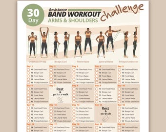 May include: A 30-day resistance band workout challenge chart for arms and shoulders. The chart includes illustrations of exercises like overhead press, biceps curl, and triceps extension, with daily exercise routines.