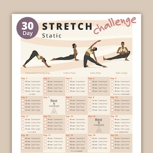 Può includere: Un grafico di sfida di stretching statico di 30 giorni con illustrazioni di pose yoga. Il grafico include un programma giornaliero con diverse pose, tra cui il cane a testa in giù, la posa del cobra, la posa della porta e l'affondo laterale. Ogni giorno include una serie di esercizi con tempi di tenuta crescenti.