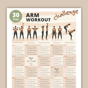 May include: A 30-day arm workout challenge chart with illustrations of different exercises: one-arm press, upright row, triceps extension, biceps curl, and triceps kickback. Each day includes a checklist for completing 10 or 12 repetitions of each exercise. Days 7 and 14 include rest and recovery instructions.