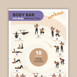 Può includere: Un poster con un piano di allenamento per tutto il corpo con il testo "BODY BAR" e "Full Body Workout Plan". Il poster illustra 10 esercizi, tra cui squat e affondi inversi, con istruzioni per ripetizioni e serie.