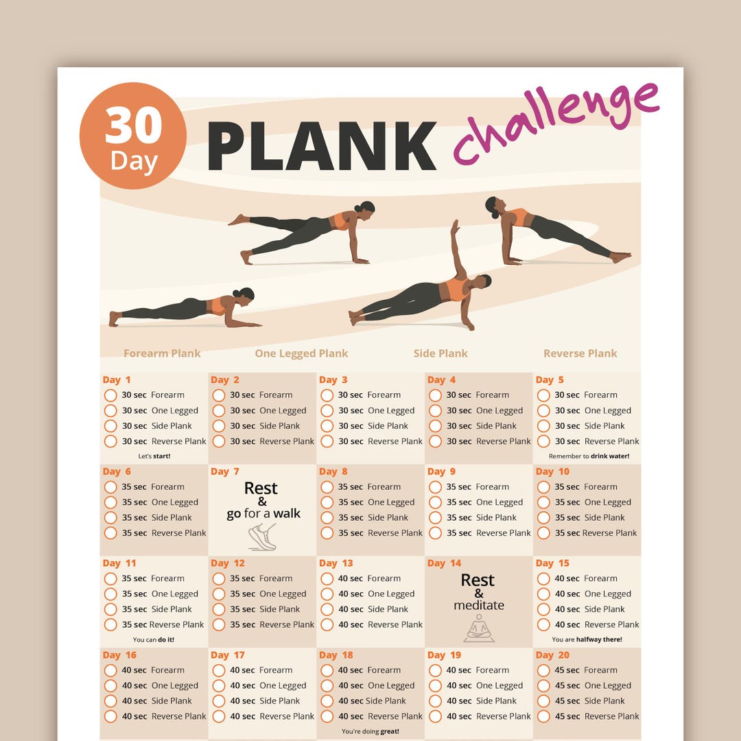 30 Day Plank Challenge Printable Fitness Core Workout Plan 30 Day Plank Challenge Printable Fitness Core Workout Plan