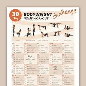 May include: A 30-day bodyweight challenge workout plan with illustrations of different exercises: squat, reverse lunge, table top bridge, bird dog, and bicycle kick. The plan includes a daily breakdown of the number of repetitions for each exercise.