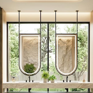 Front-Lit Arched Ceiling Mounted Mirror, LED Lighted Suspended Bathroom Vanity Mirror, Stainless Steel Frame