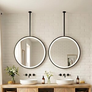 Illuminated Suspended Bathroom Mirror, Round Ceiling Mounted LED Lighted Mirror, Stainless Steel Frame