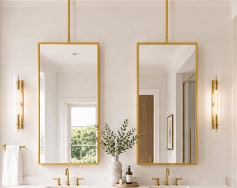 Gold Ceiling Mounted Mirror, Metal Framed Suspended Bathroom Vanity Mirror