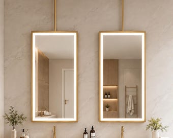 LED Lighted Brass Ceiling Hanging Mirror, Illuminated Rectangular Suspended Bathroom Mirror