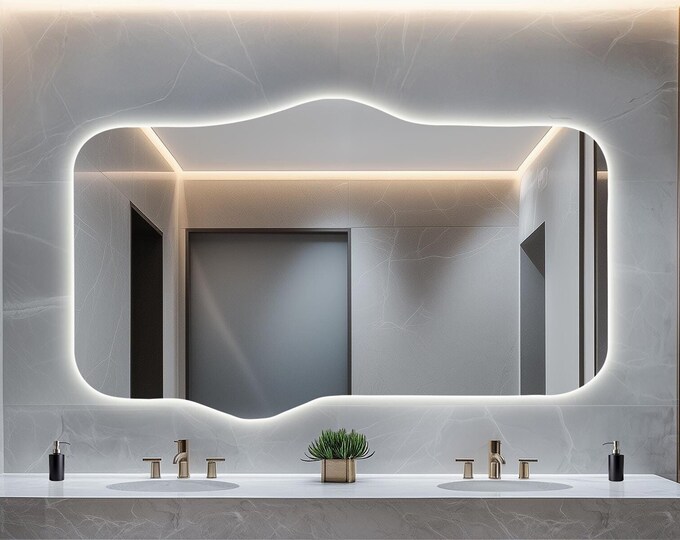 Sculptural LED Bathroom Mirror, Illuminated Irregular Mirror, Frameless Modern Wall Mirror, Large Statement Mirror, Modern Wall Decor