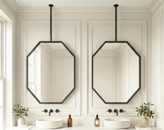 Ceiling Suspended Octagonal Mirror, Floating Bathroom Vanity Mirror, Custom Geometric Black Titanium Frame