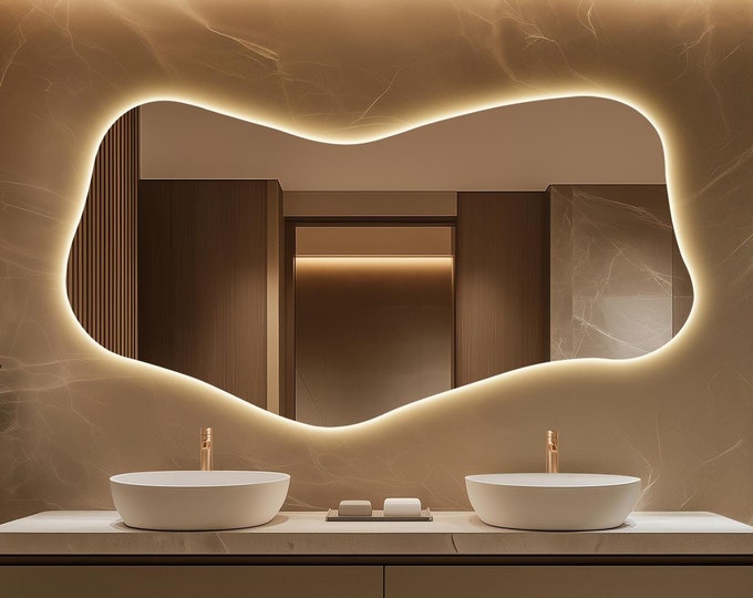 Modern Full Length LED Lighted Mirror, Asymmetrical Bathroom Mirror with Lights, Frameless Backlit Mirror, Illuminated LED Vanity Mirror