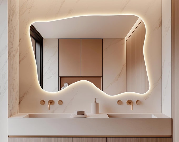 Modern LED Lighted Mirror, Creative Unique Bathroom Vanity Mirror with Lights, Illuminated Irregular Wall Mirror
