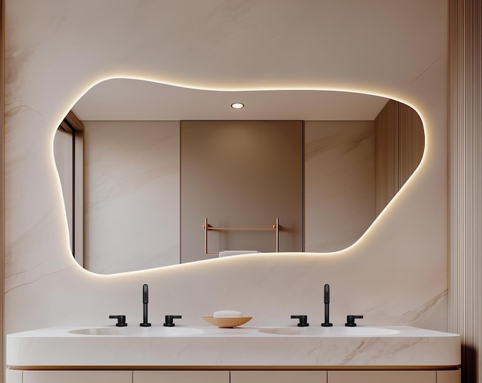 Elegant Bathroom Mirror with Lights, Contemporary LED Mirror, Large Asymmetrical Wall Mirror, Unique Abstract Design for Modern Homes