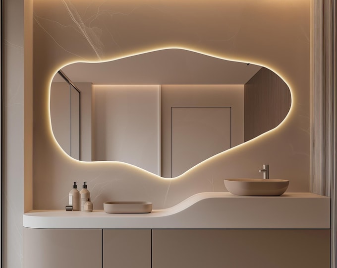 Elegant LED Bathroom Mirror, Irregular Wall Mirror with Lights, Unique Asymmetrical Design Statement Piece for Wall Decor