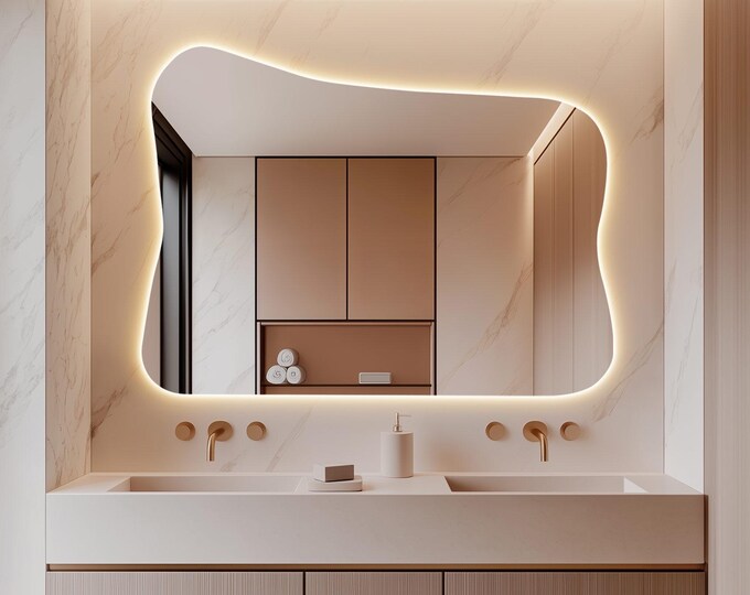 Modern LED Bathroom Vanity Mirror, Irregular Mirror with Lights, Backlit Wall Mirror, Asymmetrical LED Lighted Mirror, Custom Mirror