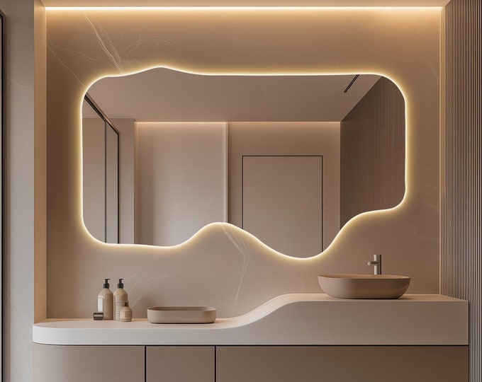 Full-Length LED Mirror for Bathroom, Irregular Mirror with Lights, Modern Decorative Wall Mirror for Vanity, Tall Large Backlit Mirror