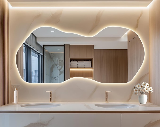 Abstract Asymmetrical LED Mirror, Frameless Design with Backlit, Stylish Addition to Your Bathroom or Bedroom, Ideal for Chic Home Decor