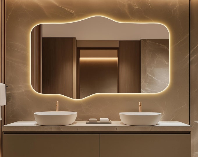 Designer Rectangular Backlit Mirror, LED Lighted Bathroom Mirror, Illuminated Vanity Mirror, Contemporary Mirror with Warm Lights