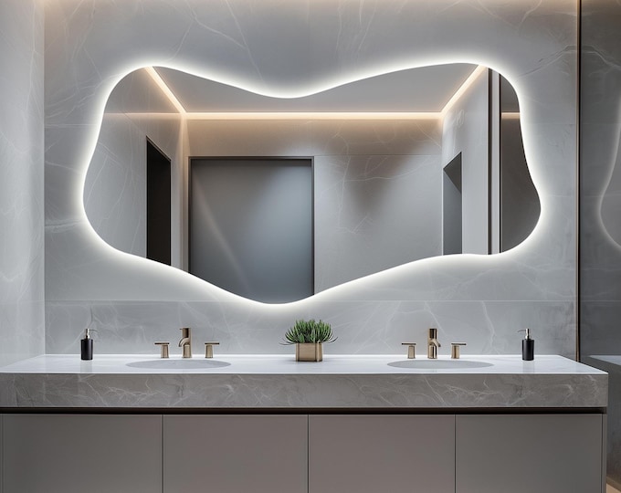 Modern Large LED Bathroom Mirror, Irregular Vanity Mirror with Lights, Asymmetrical Backlit Mirror, Unique Wall Accent Aesthetic Home Decor