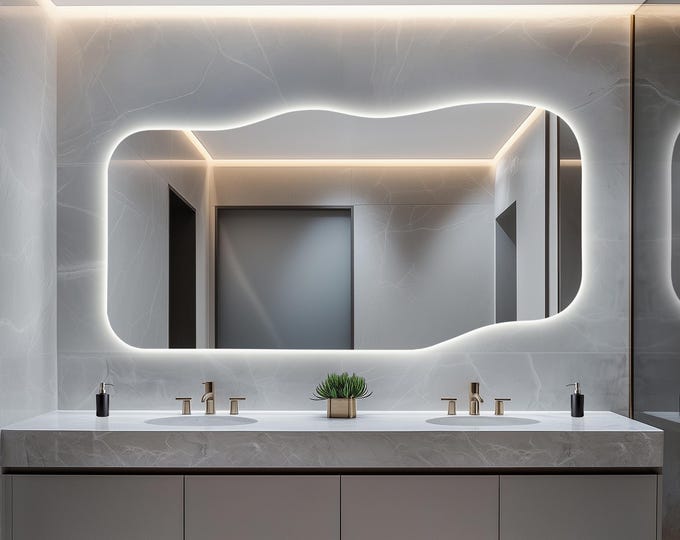 Horizontal LED Mirror with Anti-Fog, Asymmetrical Design Bathroom Mirror with Lights, Large Backlit Mirror with Demister Pad, Vanity Mirror