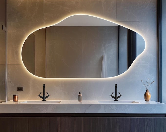 Custom Asymmetrical LED Mirror, Large Irregular Bathroom Mirror, Frameless for Modern Bathroom Decor, Bright LED Lighted Wall Hanging Mirror