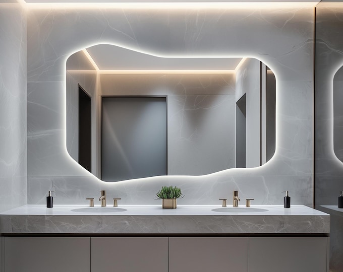 LED Mirror with Anti-Fog, Backlighted Bathroom Mirror, Irregular Shaped Illuminated Mirror, LED Lighted Vanity Mirror with Demister Pad