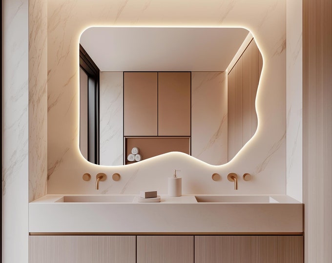 Modern LED Bathroom Mirror, Decorative Backlit Wall Mirror, Asymmetrical Illuminated Mirror for Console or Vanity, Eye-Cathing Home Decor