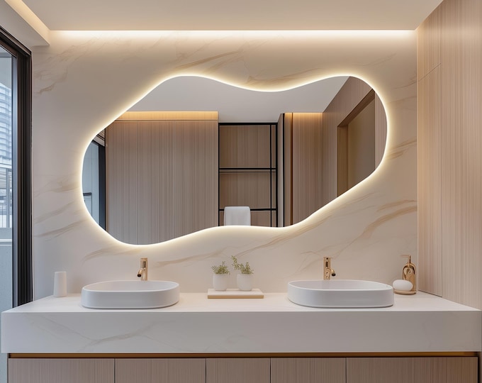 Irregular LED Bathroom Mirror, Modern and Eye-Catching Wall Mirror with Lights, Asymmetrical Backlit Mirror, Illuminated Vanity Mirror