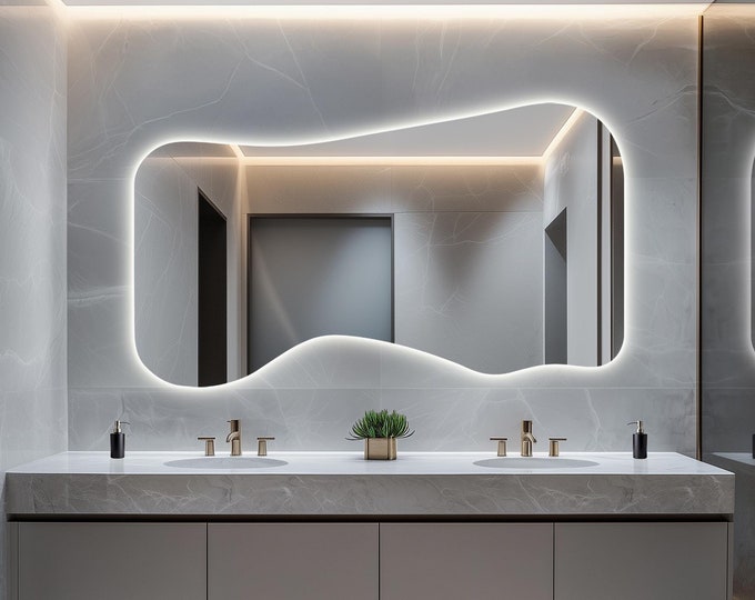 Large Artistic LED Lit Mirror, Customized Master Bathroom Mirror, Full Length Mirror with Lights, Bold Accent for Console Top or Vanity