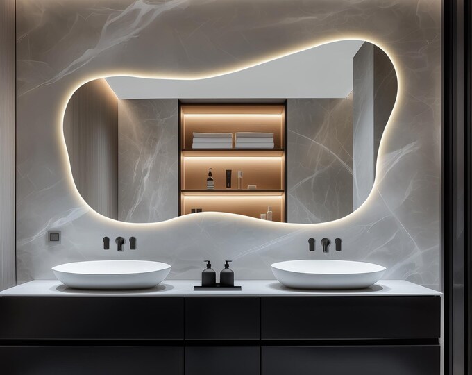 Modern Wall Mirror with LED Lighting, Unique Asymmetrical Design for Stylish Spaces, Contemporary Large Bathroom Mirror with Illumination