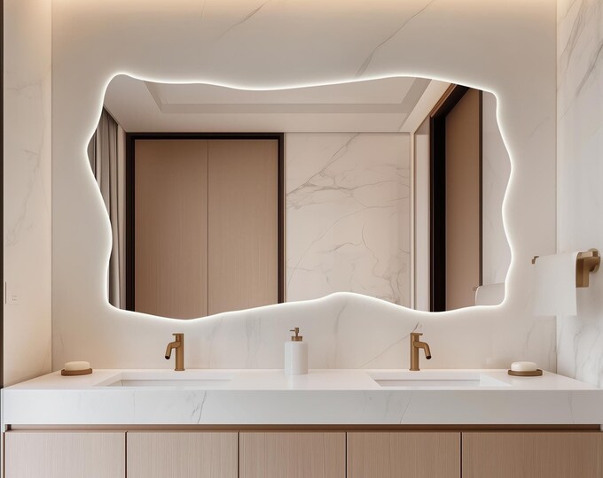 Full-Length LED Mirror for Bathroom, Irregular Mirror with Lights, Modern Decorative Wall Mirror for Vanity, Tall Large Backlit Mirror