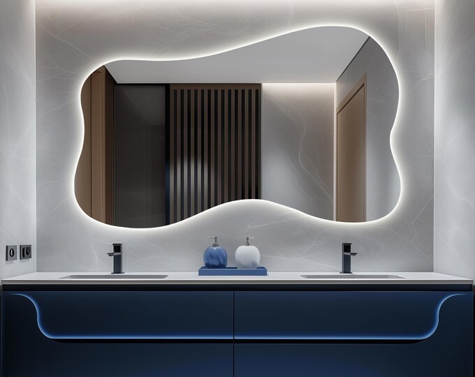 Irregular LED Bathroom Mirror, Large Wall Mounted Mirror with Lights, Horizontal Asymmetrical Backlit Illuminated Vanity Mirror